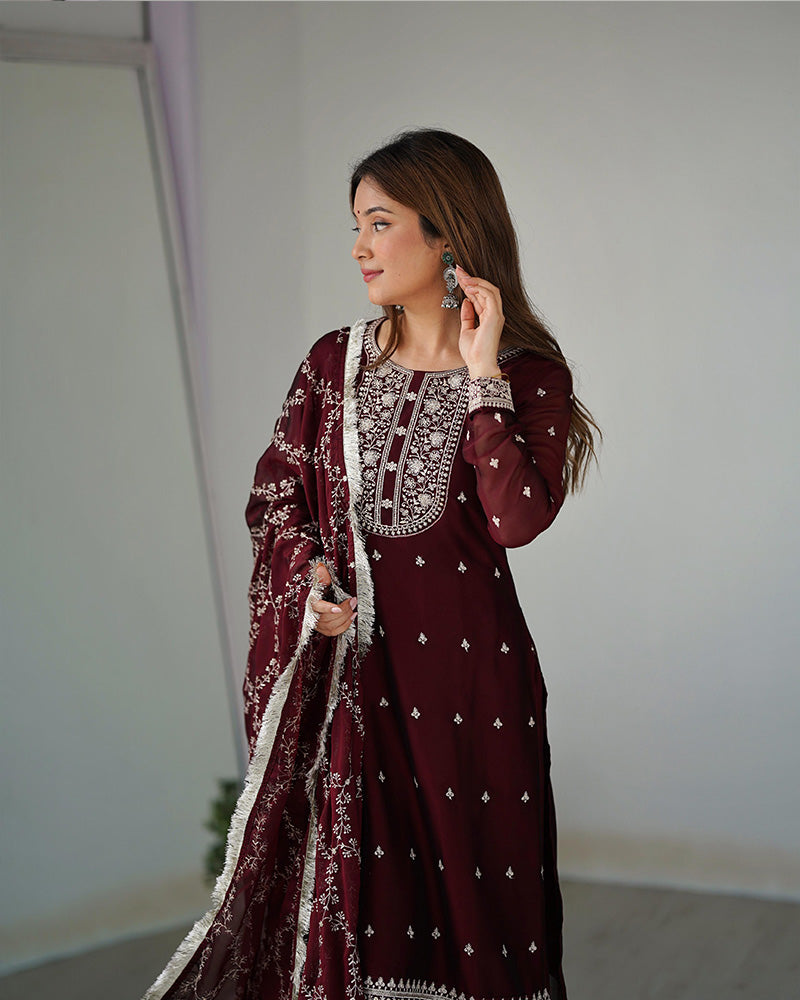 Maroon Color Rangoli Silk Three Piece Kurti Suit