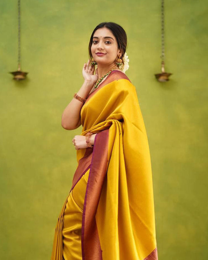 Mustard Yellow Soft Lichi Silk Saree