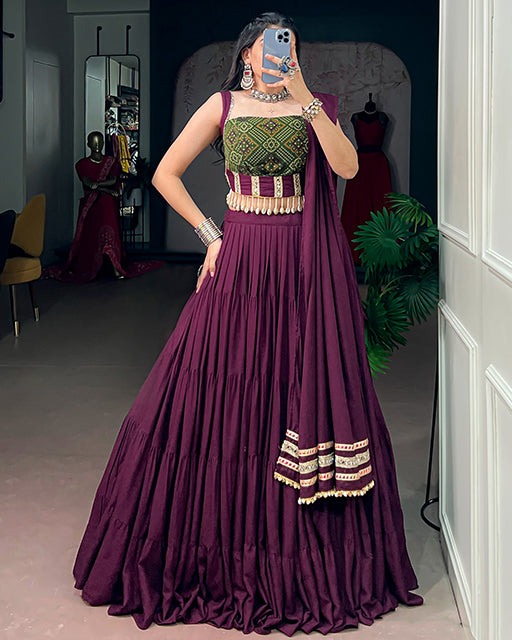 Wine Color Rayon Bandhani Print Navratri Lehenga Choli