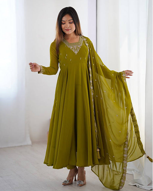 Mehndi Green Color Georgette Embroidered Three Piece Anarkali Suit