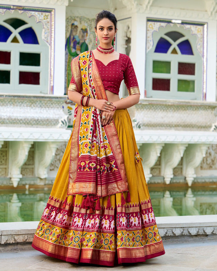 Mustard Color Tussar Silk Patola Printed Half Saree
