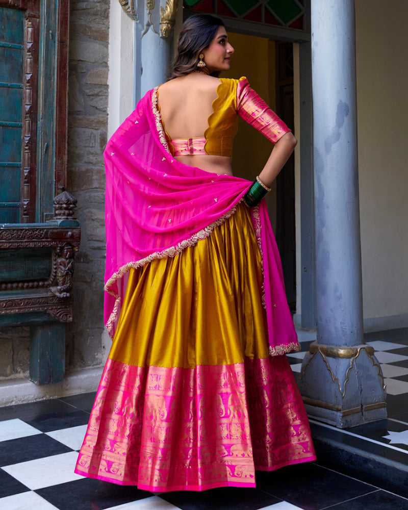 Mustard Color Narayan Pattu Silk Designer Half Saree