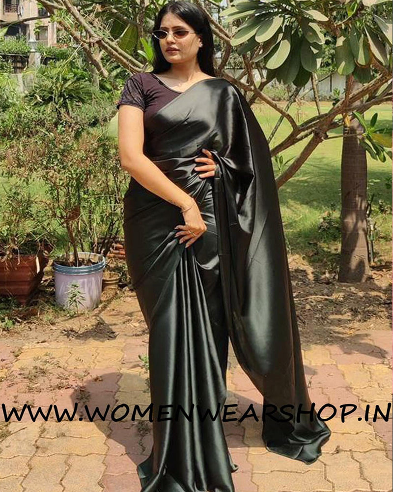Black Satin Silk Ready To Wear Saree