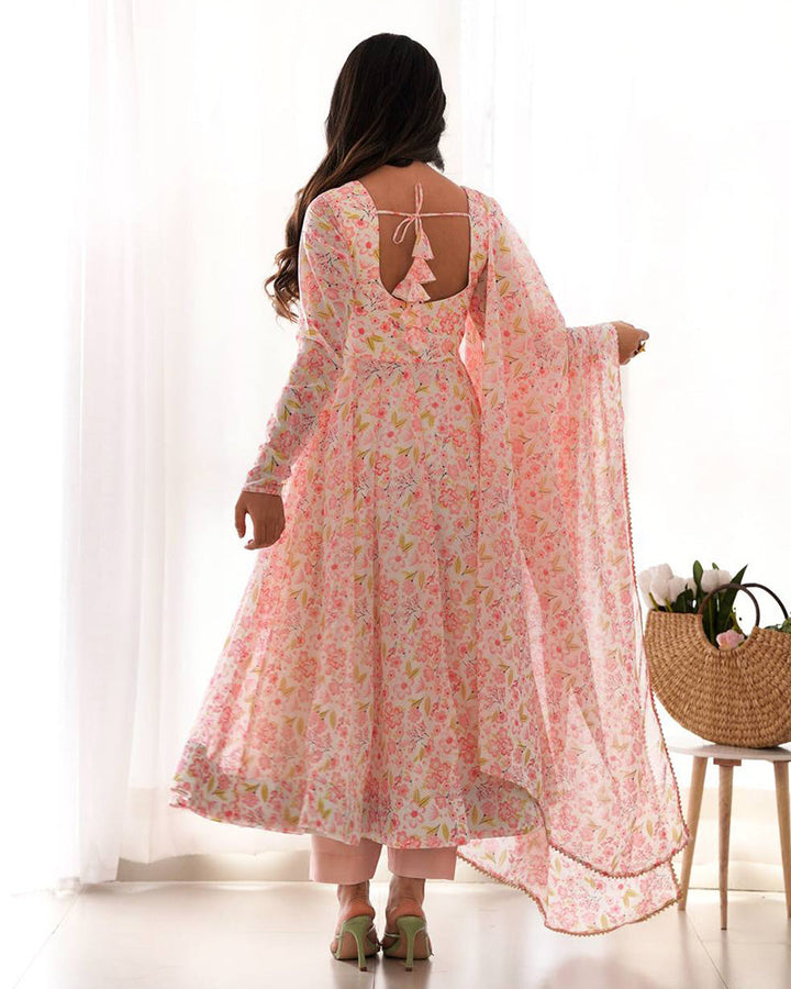 Multi Pink Color Chiffon Floral Print Three Piece Anarkali Suit