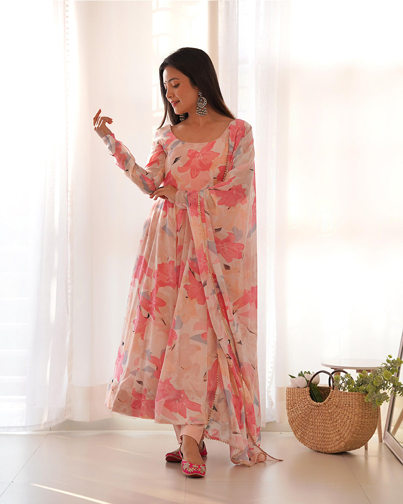 Beautiful Baby Pink Multi Color Georgette Three Piece Anarkali Suit