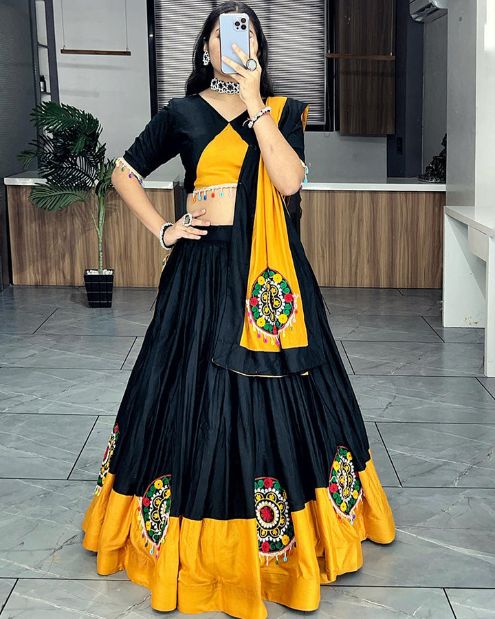 Mustard And Black Color Pure Rayon Cotton Navratri Lehenga Choli