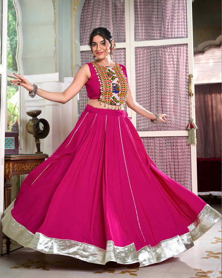 Pink Color Rayon Navratri Cowrie Touch Up Lehenga Choli