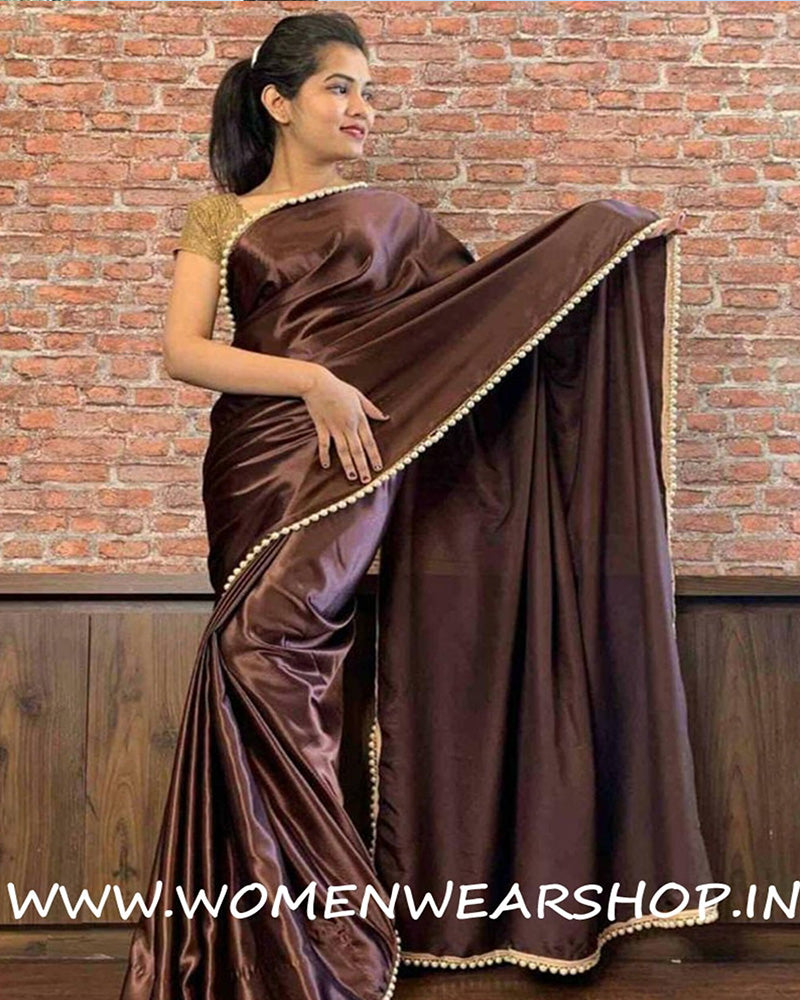 Chocolate Brown Satin Silk With Pearl Border Ready To Wear Saree