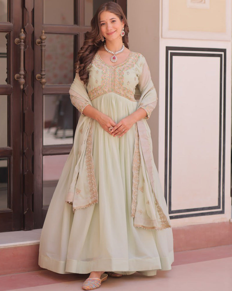 Designer Pista Color Star Georgette Embroidered Gown
