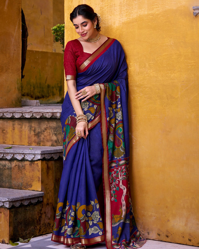 Blue Color Viscose Chanderi Printed Saree