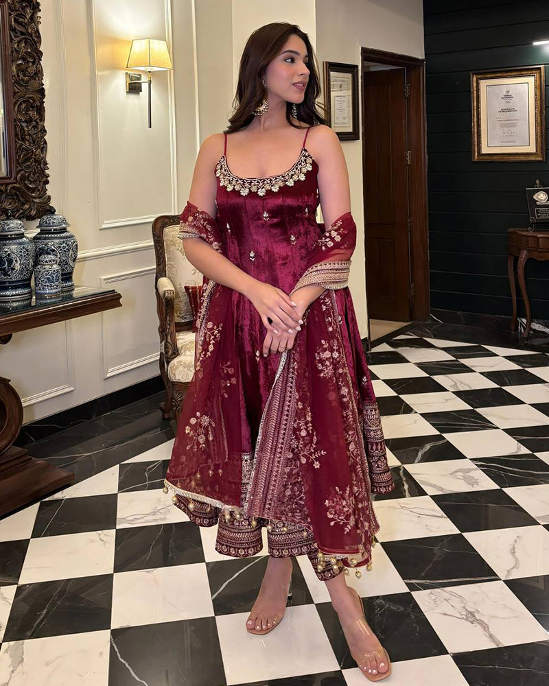 Maroon Color Vichitra Silk Embroidered Anarkali Suit