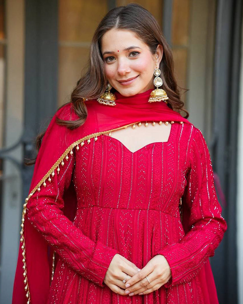 Rani Pink Color Faux Blooming Embroidered Sharara Suit