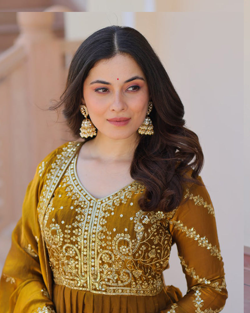 Mehndi Color Fendi Embroidered Gown