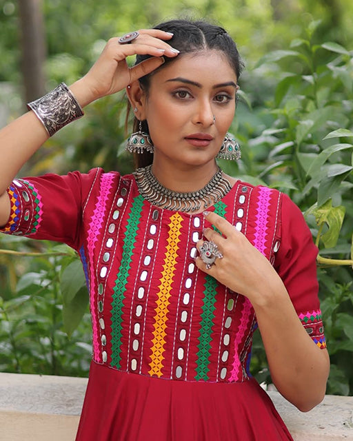 Maroon Color Roman Silk Multi Threaded Work Navratri Gown