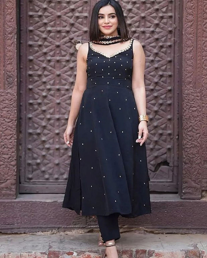 Black Faux Georgette Pearl Kurti With Pant And Dupatta
