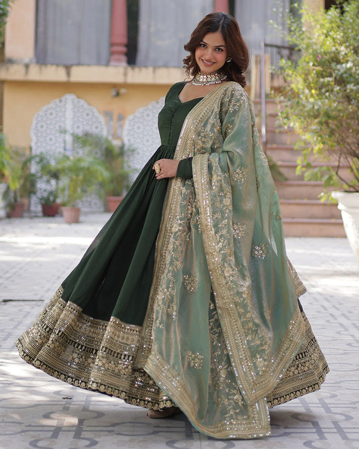 Mehndi Color Vichitra Shimmer Sequence Embroidered Gown