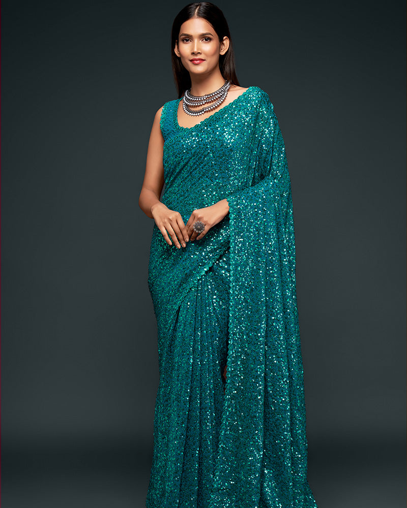 Teal Blue Color Designer Multipal Sequence Embroidery Georgette Saree