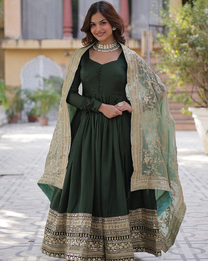 Mehndi Color Vichitra Shimmer Sequence Embroidered Gown