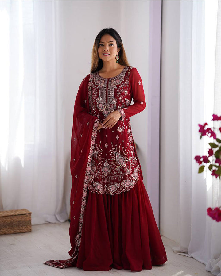 Maroon Color Faux Georgette Sharara Suit