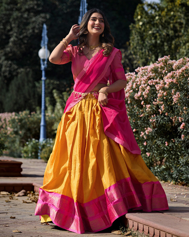 Mustard Color Kanchipuram Silk Designer Half Saree