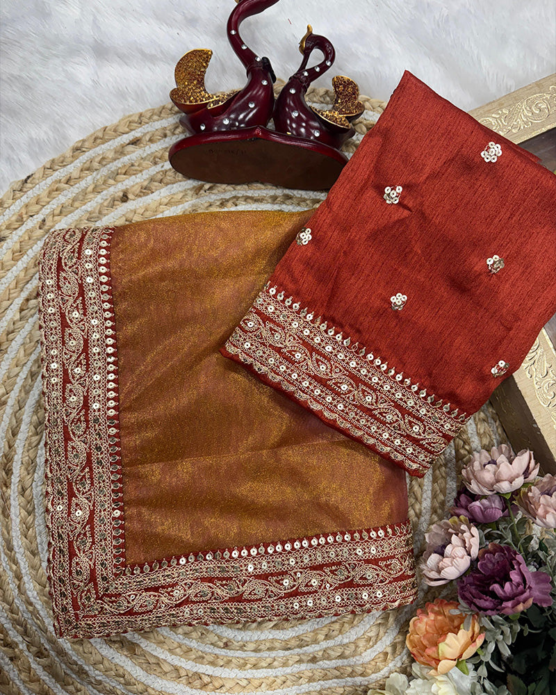 Brown Color Soft Twil Net Embroidered Saree