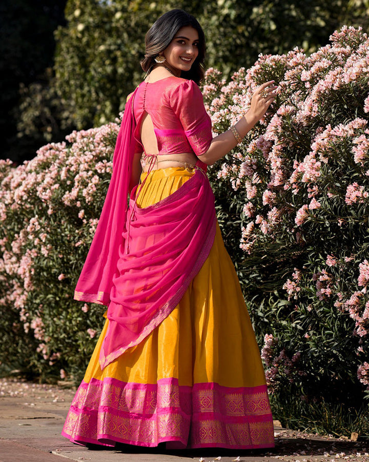 Mustard Color Kanchipuram Silk Designer Half Saree