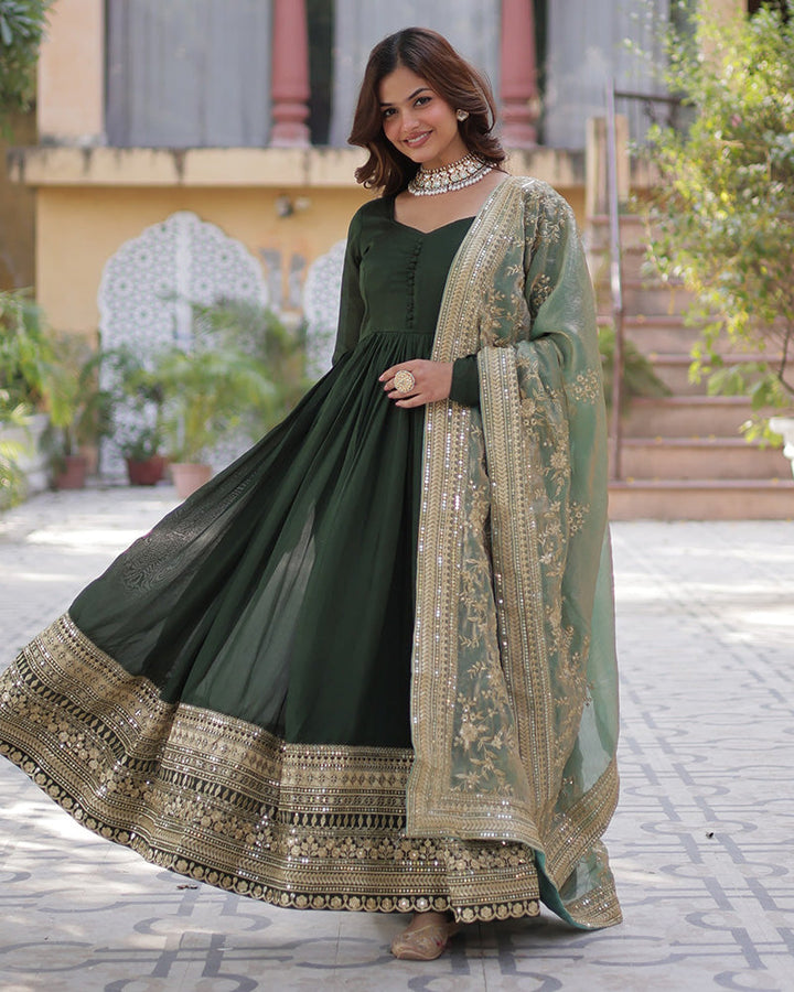 Mehndi Color Vichitra Shimmer Sequence Embroidered Gown