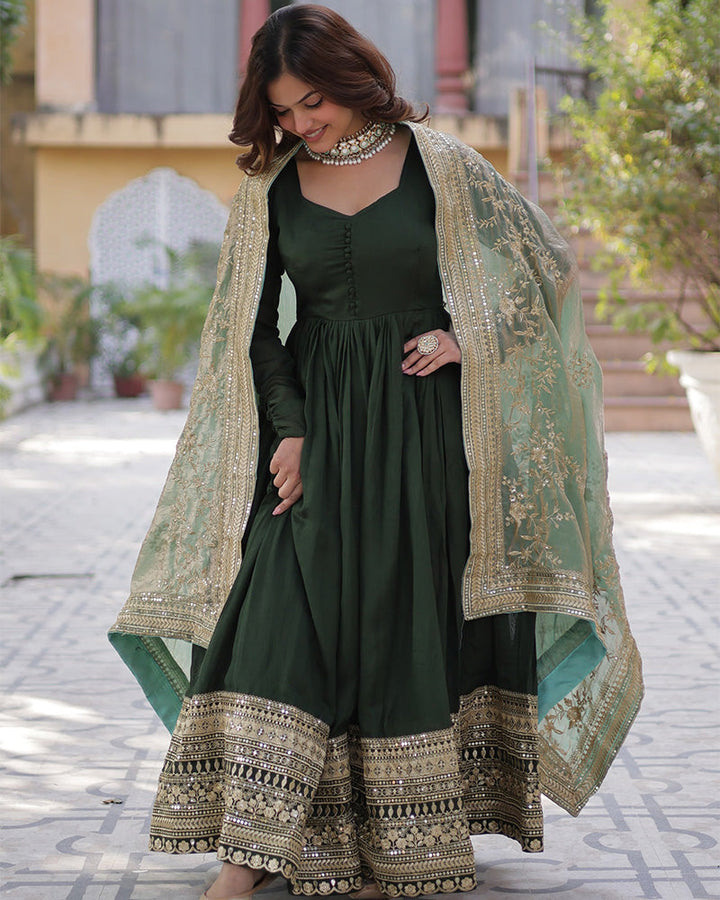Mehndi Color Vichitra Shimmer Sequence Embroidered Gown