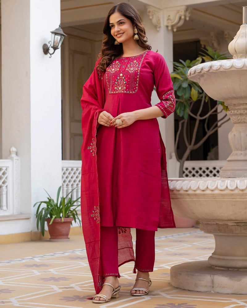 Rani Pink Color Mango Silk Embroidered Kurti Suit