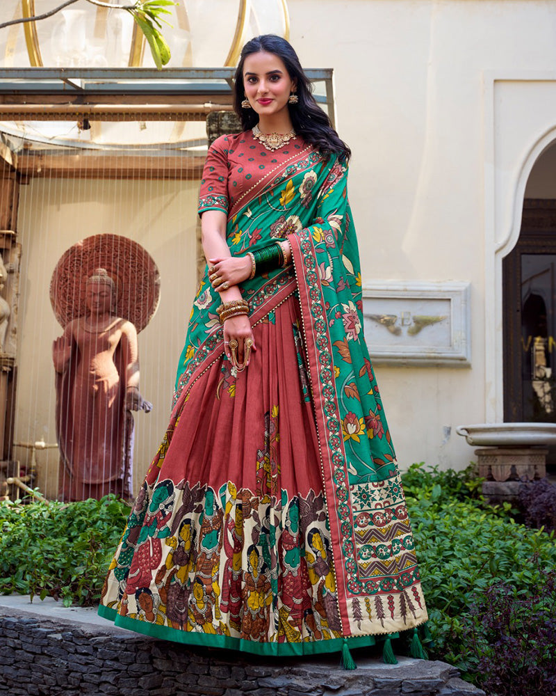 Orange Color Tussar Silk Kalamkari Printed Half Saree