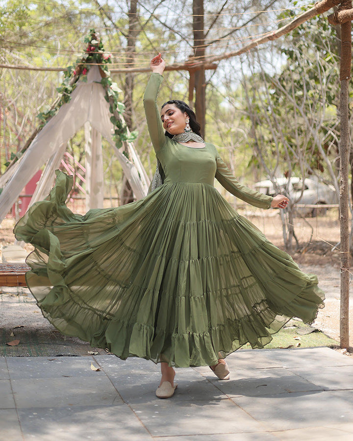 Mehndi Color Designer Embroidered Gown With Dupatta