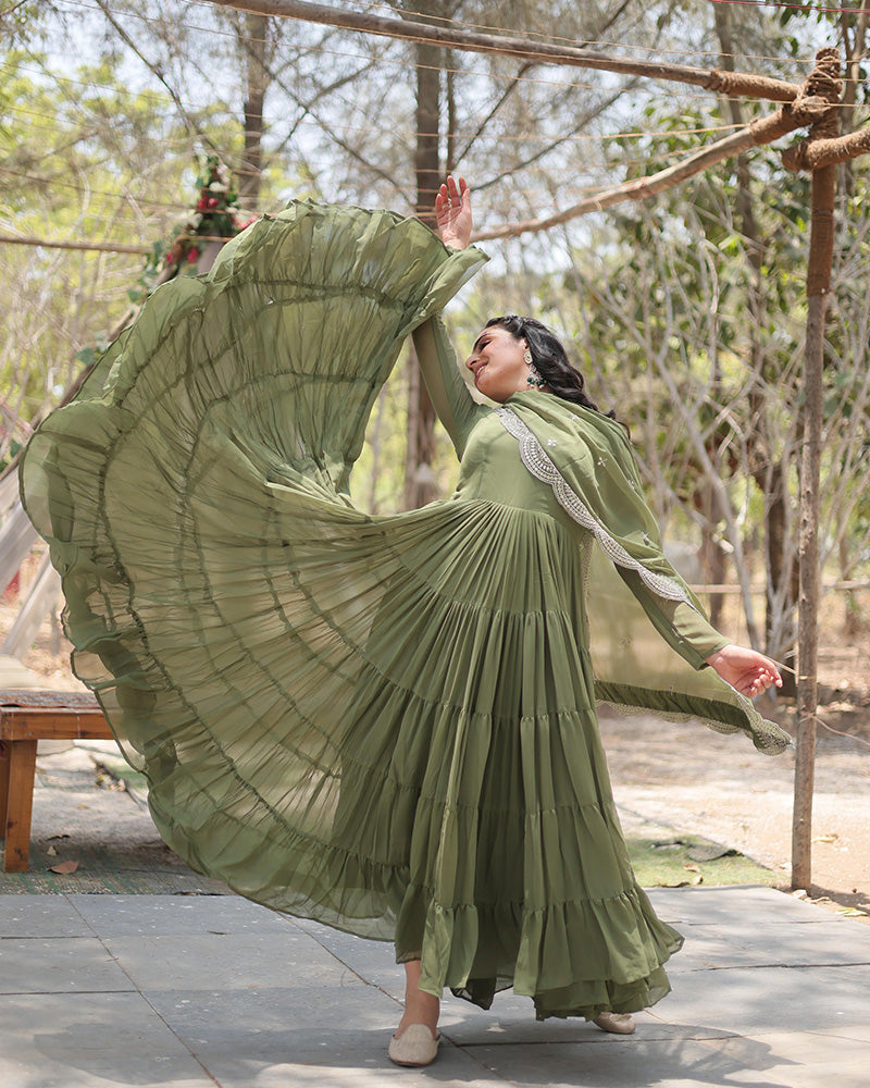 Mehndi Color Designer Embroidered Gown With Dupatta