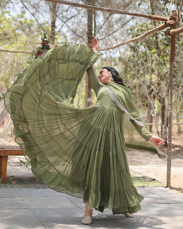 Mehndi Color Designer Embroidered Gown With Dupatta