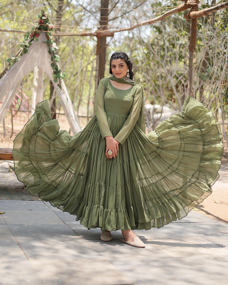 Mehndi Color Designer Embroidered Gown With Dupatta