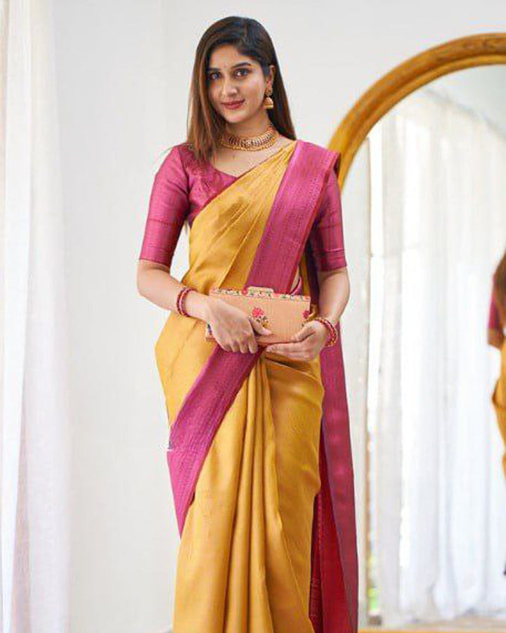 Mustard Yellow Soft Banarasi Silk Saree With Exclusive Jacquard Border