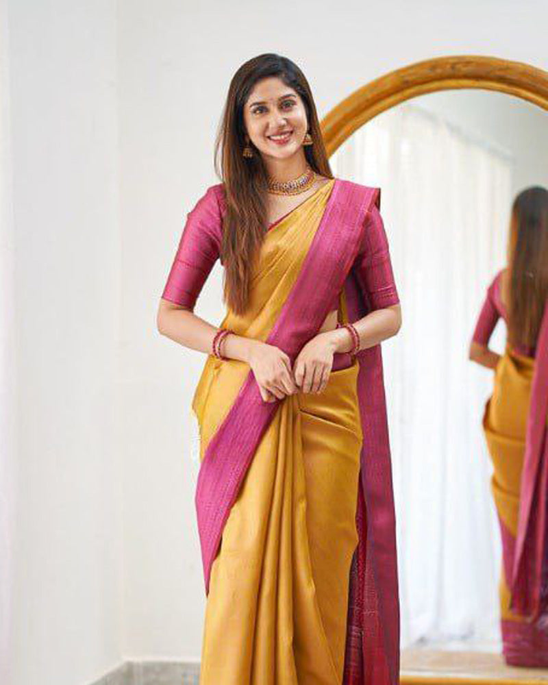 Mustard Yellow Soft Banarasi Silk Saree With Exclusive Jacquard Border