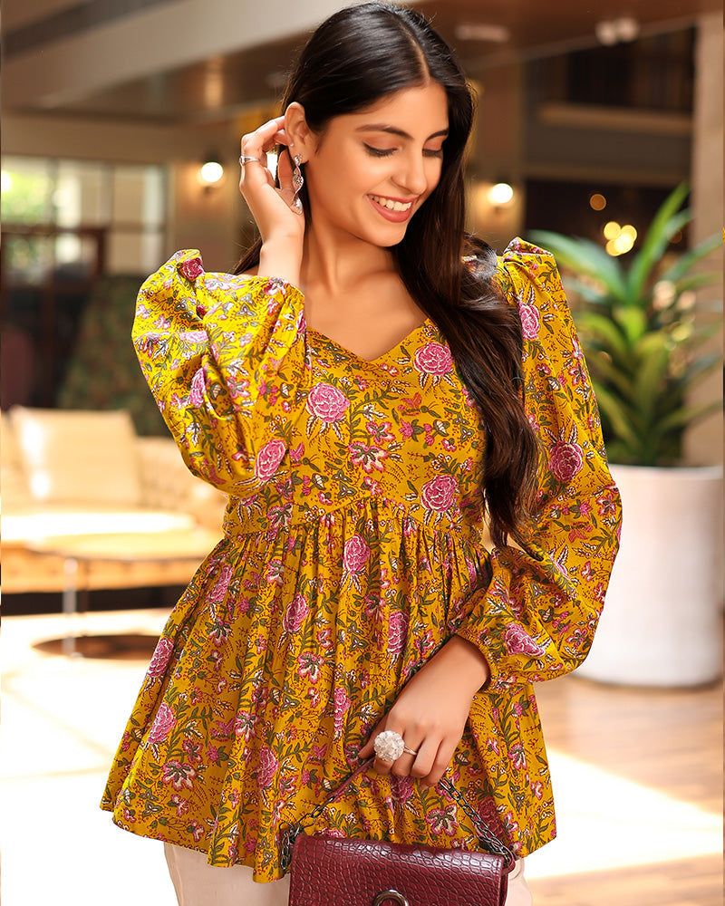 Mustard Color Pure Cotton Floral Printed Tunic