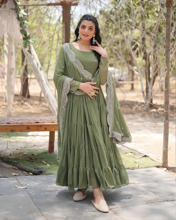 Mehndi Color Designer Embroidered Gown With Dupatta