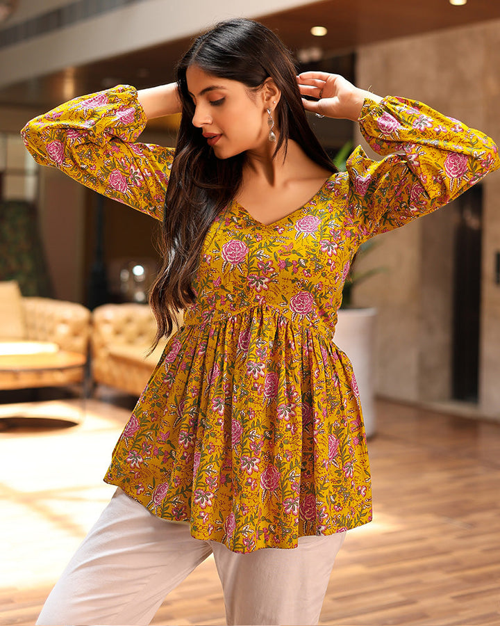 Mustard Color Pure Cotton Floral Printed Tunic