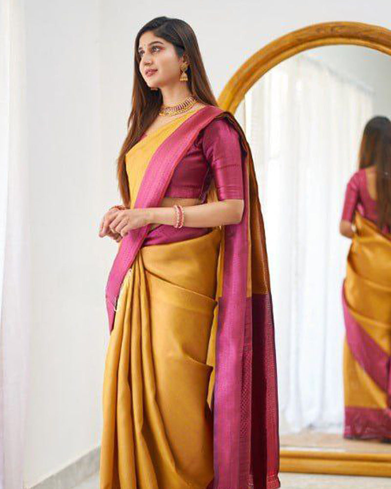 Mustard Yellow Soft Banarasi Silk Saree With Exclusive Jacquard Border