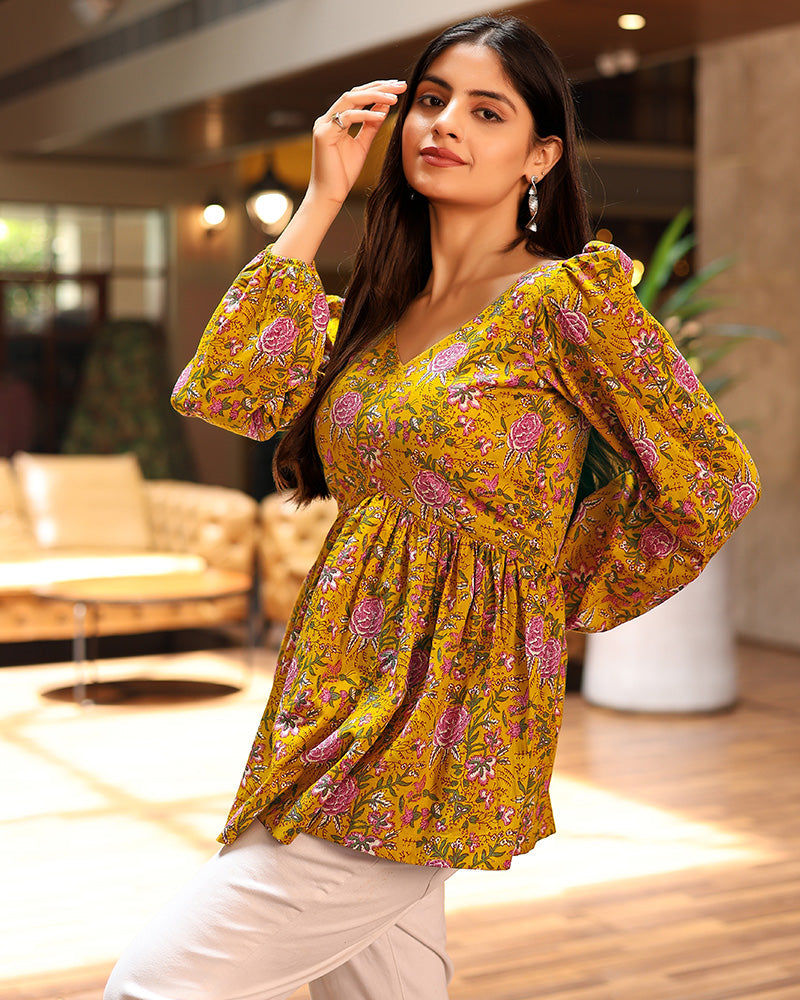 Mustard Color Pure Cotton Floral Printed Tunic