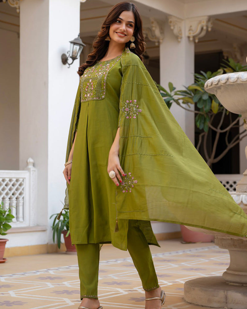 Mehndi Color Mango Silk Embroidered Kurti Suit