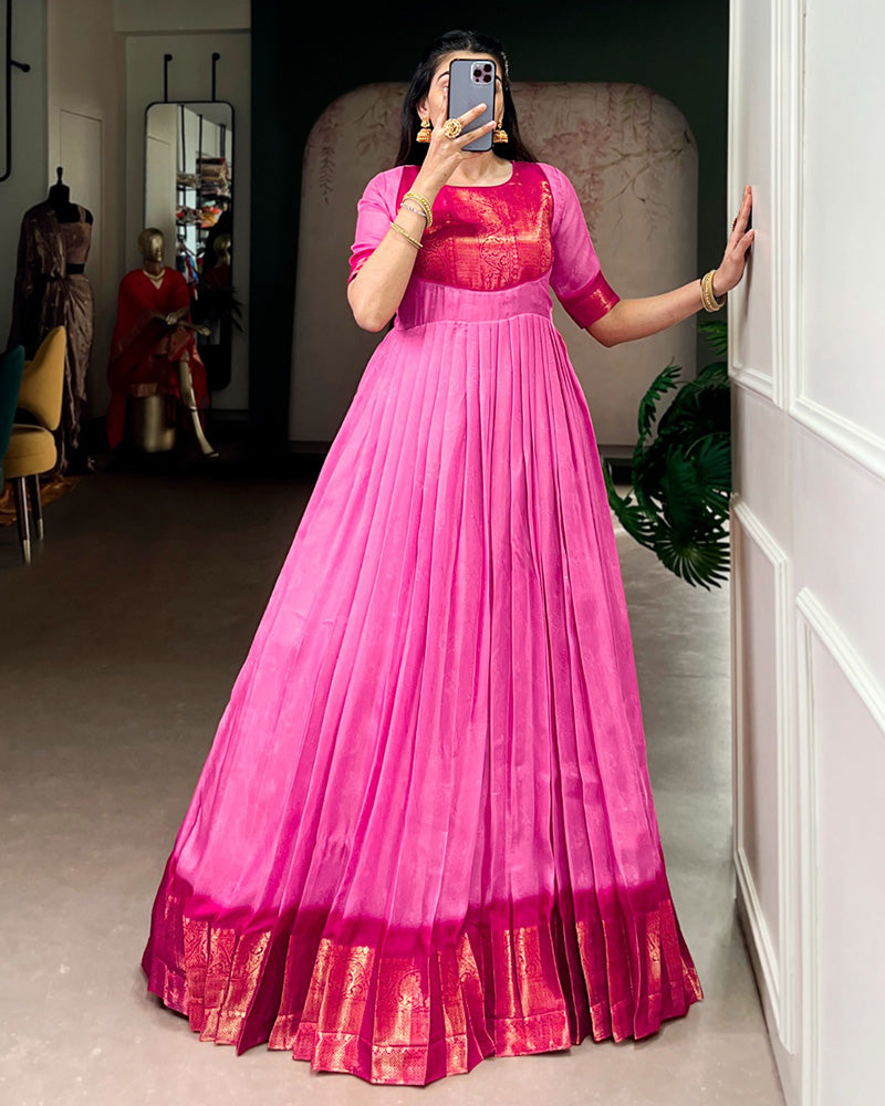 Pink Color Mass Mello Zari Weaving Gown