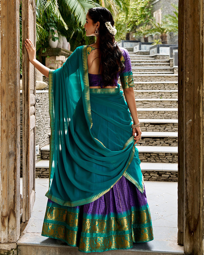 Cultural Purple and Green Color Poly Cotton Lehenga Chex Half Saree