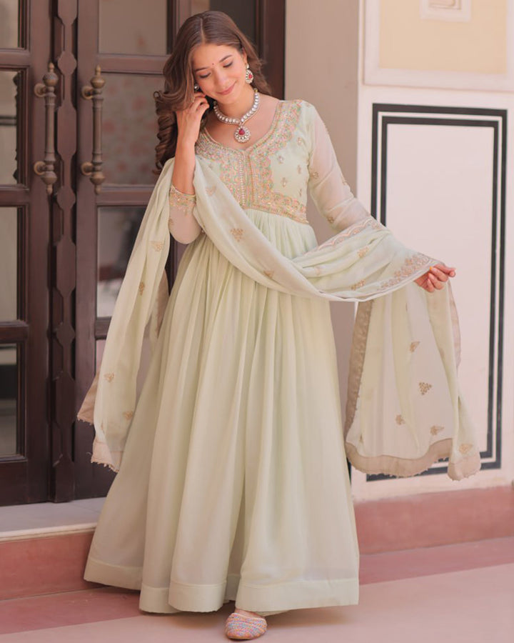 Designer Pista Color Star Georgette Embroidered Gown