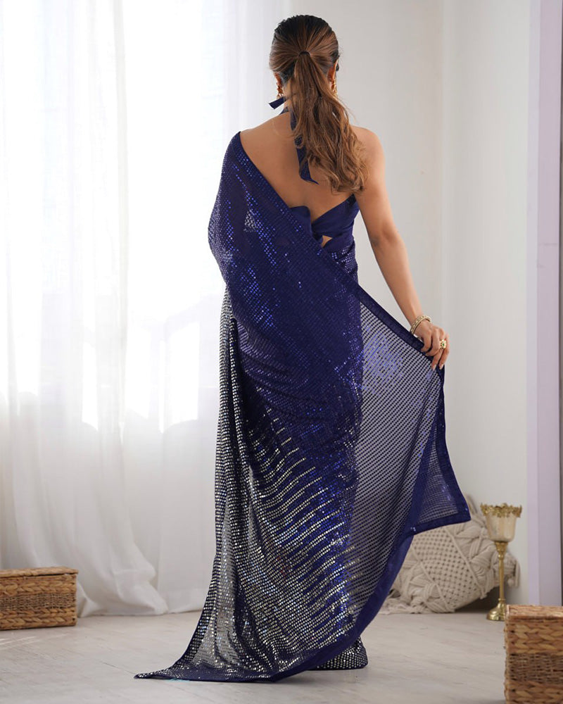 Navy Blue Color Heavy Georgette Sequence Embroidered Saree