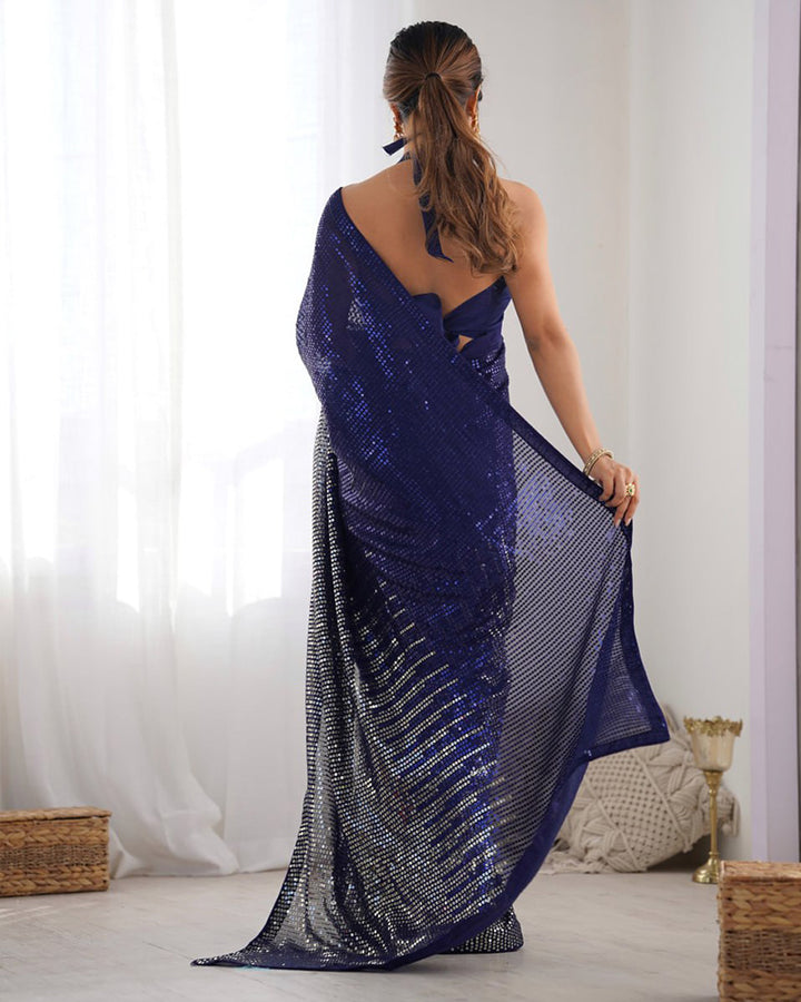 Navy Blue Color Heavy Georgette Sequence Embroidered Saree