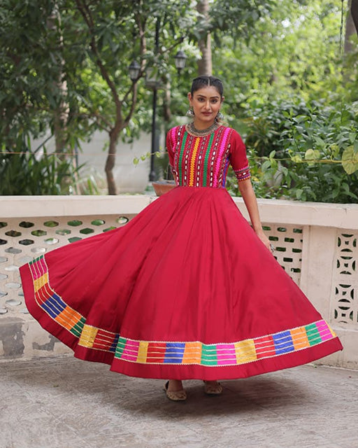 Maroon Color Roman Silk Multi Threaded Work Navratri Gown