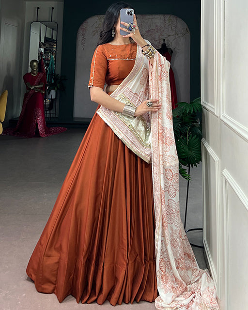 Rust Orange Color Chinon Silk Navratri Lehenga Choli