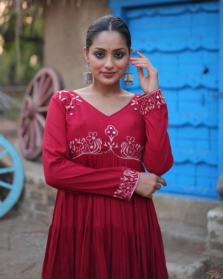 Maroon Color Reyon Ruffle Style Navratri Gown